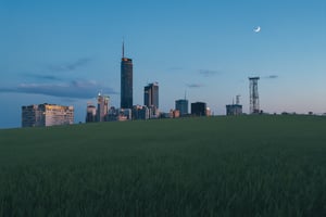 a huge hilly field covered with grass with partially clayey inclusions, green and brown boxes are visible very far away, also behind the hills narrow black skyscrapers with white windows with a yellowish tint are visible, green and brown boxes are visible far away, a dimly lit and dull black building with an orangish glow from sunset, you can see a small white bright advertisement with incomprehensible outlines, black skyscrapers with light yellow windows topped with metal structures standing right in the middle of the field reflect the light of the moon, in the distance you can see small two-story buildings with very small windows and a chimney, a little closer near the skyscrapers you can also see small two-story buildings buildings with very small windows and a chimney, not all skyscrapers are topped with metal structures, the sky on the horizon is from dark red to yellowish which sees off the departing sun, the moon is on the opposite side, the sky is soft blue topped by the moon on the opposite side of the sun, and a few stars, clouds light white very transparent barely visible,