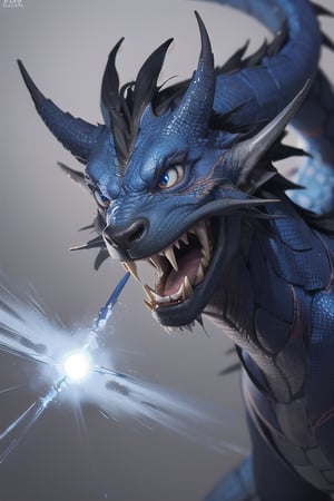 drakara blue dragon light gray teeth,  with blue eyes