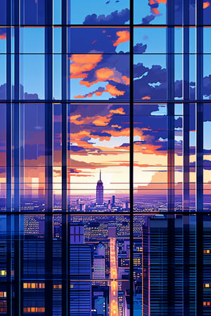 A panoramic cityscape at dusk with dark orange clouds illuminated by city lights. The purple sky contrasts with square and rectangular skyscrapers featuring white, frequent square windows. Skyscraper windows display shades of light green, blue, dark blue, and dark turquoise. Roofs are outlined with a dim blue square border, some with red corner lights and a warning red diode atop one skyscraper. The scene captures the urban skyline's dynamic interplay of colors and architectural details under the twilight sky.