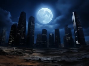 night, dark blue sky with blurry white clouds, full moon, black rectangular skyscrapers with small windows in which white light is visible, metal superstructures are visible at the tops of skyscrapers, brown cubes and a few gray cubes are visible at the base of skyscrapers, the earth is brown mud or clay