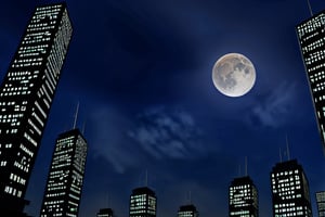 night, dark blue sky with blurry white clouds, full moon, black rectangular skyscrapers with small windows in which white light is visible, metal superstructures are visible at the tops of skyscrapers, brown cubes and a few gray cubes are visible at the base of skyscrapers, the earth is brown mud or clay, far focus, twinkling windows and stars, brilliant coloring, crispy quality, vray; Pixar, ; HD, HDR, SF, CGSociety, 16k, photorealistic, unreal engine