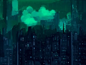 pixel art, night, cloud lumened by city, bright moon, dark-green sky; sky scrapers square and rectangular skyscrapers with white frequent square windows, shades of skyscraper windows: dark green, dark turquoise. The roofs of skyscrapers from dark squares or illuminated with a dim blue border,