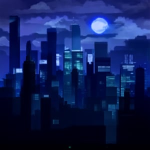 night, cloud lumened by city, bright moon, dark-gray-purple sky; sky scrapers square and rectangular skyscrapers with white frequent square windows, shades of skyscraper windows: dark green, dark turquoise. The roofs of skyscrapers from dark squares or illuminated with a dim blue border,