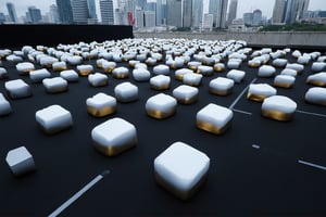 a group of gold square-shaped ornaments on black ground surrounded by gray lines, and gray ornaments with rectangular lines; light bluish gray-light skyscrapers, sometimes with a light greenish tint, with frequent square windows, above two skyscrapers there is a red diode warning aircraft; with a dark gray sky and a clear gray sky illuminated by a bright white-blue moon,