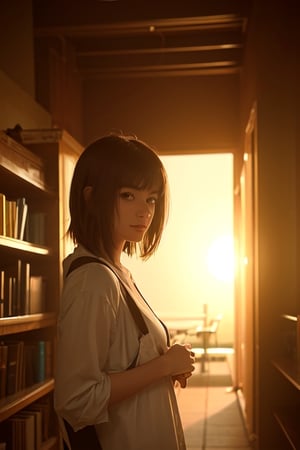 An anime girl with bangs and medium length hair in the school library, front view, feels the breath of spring and sun, the sun falling on the shelves in the school library, creates a feeling of morning and at the same time has the charm of sunset, but in reality it is not clear what time, as if it was out of time, either It was such a good day that it seems that now it will always be like this.