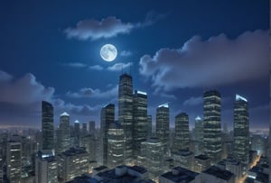 night, cloud lumened by city, bright moon, dark-gray-purple sky; sky scrapers square and rectangular skyscrapers with white frequent square windows, shades of skyscraper windows: dark blue, dark turquoise. The roofs of skyscrapers from dark squares or illuminated with a dim blue border,