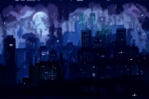 night, cloud lumened by city, bright moon, dark-gray-purple sky; sky scrapers square and rectangular skyscrapers with white frequent square windows, shades of skyscraper windows: dark green, dark turquoise. The roofs of skyscrapers from dark squares or illuminated with a dim blue border,