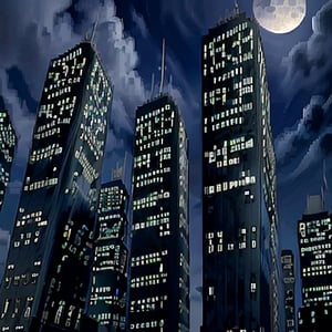 night, dark blue sky with blurry white clouds, full moon, black rectangular skyscrapers with small windows in which white light is visible, metal superstructures are visible at the tops of skyscrapers, brown cubes and a few gray cubes are visible at the base of skyscrapers, the earth is brown mud or clay,