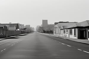 a huge empty asphalt square in the distance one can see massive but not tall rectangular white buildings with narrow black windows, nearby there are smaller rectangular buildings made of brick with square windows and a concrete canopy on the roof, next to them there are not tall trees, a white rectangular building with white edging and large windows, near the buildings you can also see small brick extensions without windows, just in the distance and as if in miniature you can see rectangular buildings with wide large rectangular black windows and white buildings lower but wide with very small black square windows, next to different rare trees are visible behind the buildings, behind all the buildings the yellow sun rises, but it does not dazzle and seems to be in a haze, but all this is as if in the distance and creates the opportunity to examine it all as a whole, and the viewer stands in the middle of perfectly smooth asphalt