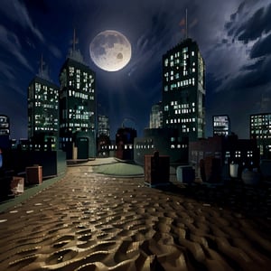 city, night, moon, sky, dirt, sand,