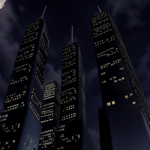 night, dark blue sky with blurry white clouds, full moon, black rectangular skyscrapers with small windows in which white light is visible, metal superstructures are visible at the tops of skyscrapers, brown cubes and a few gray cubes are visible at the base of skyscrapers, the earth is brown mud or clay,