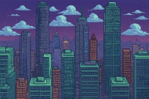 dark orange clouds illuminated by the city, purple sky, square and rectangular skyscrapers with white frequent square windows, shades of skyscraper windows light green, blue, dark blue, dark turquoise. The roofs of skyscrapers from dark squares to squares are illuminated with a dim blue square border, some skyscrapers are topped with diodes.