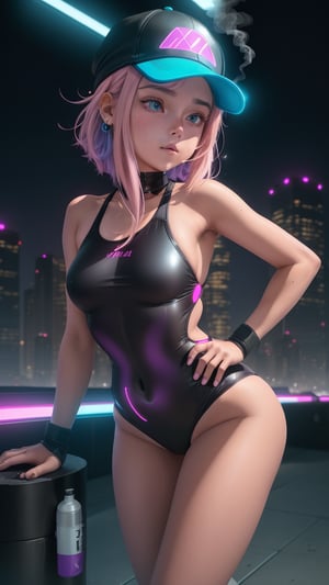 a girl with pink shoulder-length hair in a brown cap smoking a wipe is dressed in a black bodysuit swimsuit the seams of which are illuminated at the edges by purple and turquoise diodes on her white sneakers, around a futuristic city