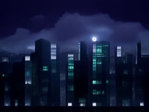 night, cloud lumened by city, bright moon, dark-gray-purple sky; sky scrapers square and rectangular skyscrapers with white frequent square windows, shades of skyscraper windows: dark green, dark turquoise. The roofs of skyscrapers from dark squares or illuminated with a dim blue border,