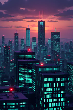 dark orange clouds illuminated by the city, purple sky, square and rectangular skyscrapers with white frequent square windows, shades of skyscraper windows light green, blue, dark blue, dark turquoise. The roofs of skyscrapers from dark squares to squares are illuminated with a dim blue square border, some skyscrapers are topped with red lights in the corners, and a red diode is installed above one skyscraper to warn airplanes.