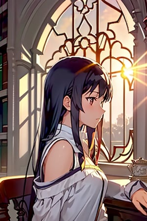 This image showcases the anime girl with bangs and medium-long hair in a school library, bathed in the light of the sun that creates a fusion of morning clarity and sunset charm. The atmosphere is timeless, suggesting that this beautiful day has stepped out of the regular flow of time and feels like it will last forever.