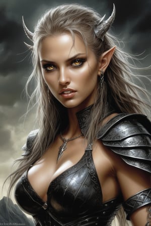 Create a portrait painting of the main antagonist of the demigod, serpentine creature with scales as black as night, glowing eyes like lightning, and razor-sharp teeth. </br> It is impossible to tell its age or gender as it is a mythological creature. 
Style of Medieval fantasy warrior art by Luis Royo. tan, black, tan, blanchedalmond colors. 8K HD.