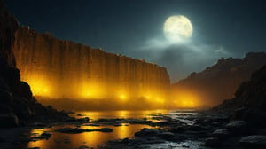 rocky, night, buildings, cooling tower, yellow lights, moon,