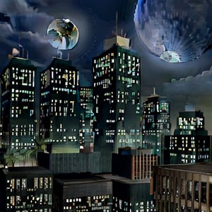 Night, view from the roof of a skyscraper.a group of golden square-shaped ornaments on black ground surrounded by gray lines and ornaments with rectangular lines; light bluish gray-light skyscrapers sometimes with a light greenish tint with frequent square windows, above two skyscrapers a red diode warning aircraft; with a dark gray sky and a light gray sky illuminated by a bright white-blue moon,