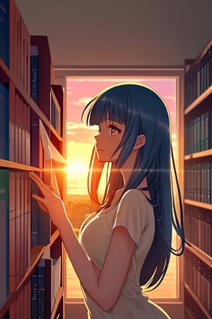 This image showcases the anime girl with bangs and medium-long hair in a school library, bathed in the light of the sun that creates a fusion of morning clarity and sunset charm. The atmosphere is timeless, suggesting that this beautiful day has stepped out of the regular flow of time and feels like it will last forever.