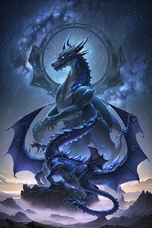 Tarot card, night, royal blue sky with stars and milky way, light azure clouds close to horizon, an awe-inspiring, artwork of the majestic light purple Dragon, this masterpiece showcases the power and mystique of the dragon in a mesmerizing, otherworldly setting. landscape is brushed green grass,