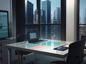 highly detailed photorealistic 3d image of noir style detective standing in office thinking about case, around table with compter led display, night. sky scrapers with white frequent square windows, shades of skyscraper windows are light green, light blue, dark blue, dark turquoise. The roofs of skyscrapers are dark squares or illuminated with a dim blue border seen throught small window with blinds. cinematic lighting, background full sharp, hdr, octane render, unreal engine 5,