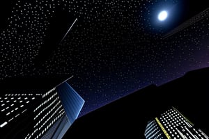 night, dark blue sky with blurry white clouds, full moon, black rectangular skyscrapers with small windows in which white light is visible, metal superstructures are visible at the tops of skyscrapers, brown cubes and a few gray cubes are visible at the base of skyscrapers, the earth is brown mud or clay, far focus, twinkling windows and stars, brilliant coloring, crispy quality, vray; Pixar, ; HD, HDR, SF, CGSociety, 16k, photorealistic, unreal engine