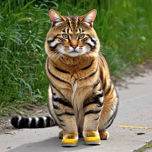 Wow, that's one majestic cat! It's almost like a tiger and a domestic cat had a super cool fusion. wearing yellow sneakers And about that '110', maybe it's part of a top-secret feline mission?