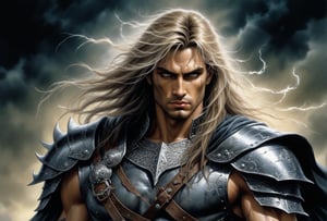 Create a portrait of the main antagonist of the demigod, he has long, flowing hair the color of storm clouds, serpentine creature with scales as black as night, glowing eyes like lightning, and razor-sharp teeth. </br> It is impossible to tell its age or gender as it is a mythological creature. captivating with mystery and at the same time repulsive, from whose gaze your throat dries up and you are speechless, but you can feel his strong spirit and sense of heroism, so that sometimes you donТt understand whether he is a villain or a hero in front of you. Style of Medieval fantasy warrior art by Luis Royo. tan, black, tan, blanchedalmond colors. 8K HD.