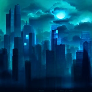 night, cloud lumened by city, bright moon, dark-green sky; sky scrapers square and rectangular skyscrapers with white frequent square windows, shades of skyscraper windows: dark blue, dark turquoise. The roofs of skyscrapers from dark squares or illuminated with a dim blue border,