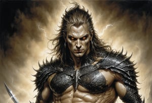 Create a portrait painting of the main antagonist of the demigod, serpentine creature with scales as black as night, glowing eyes like lightning, and razor-sharp teeth. </br> It is impossible to tell its age or gender as it is a mythological creature. Style of Medieval fantasy warrior art by Luis Royo. tan, black, tan, blanchedalmond colors. 8K HD.