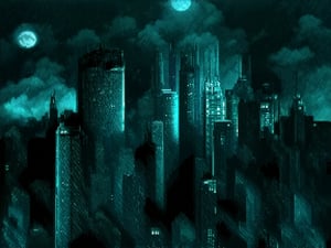 night, cloud lumened by city, bright moon, dark-green sky; sky scrapers square and rectangular skyscrapers with white frequent square windows, shades of skyscraper windows: dark green, dark turquoise. The roofs of skyscrapers from dark squares or illuminated with a dim blue border,