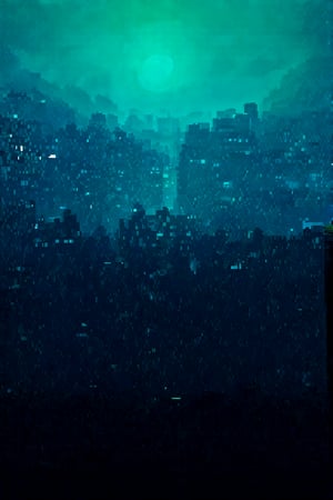 night, cloud lumened by city, bright moon, dark-green sky; sky scrapers square and rectangular skyscrapers with white frequent square windows, shades of skyscraper windows: dark blue, dark turquoise. The roofs of skyscrapers from dark squares or illuminated with a dim blue border,