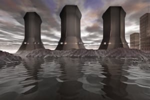 rocky coast, skyscrapers, sky, water, cooling tower, 