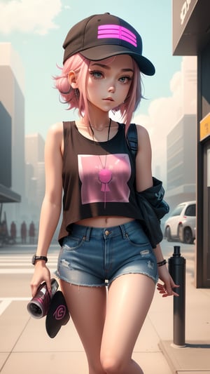 girl with pink shoulder-length hair in a brown cap smoking a vape dressed in denim short black shorts with torn ends and a black T-shirt on her white sneakers, around a futuristic city