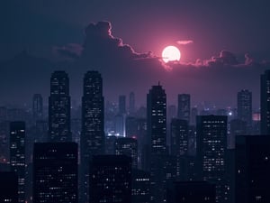 night, dark-orange cloud lumened by city, bright white  moon with purple oreola, dark-gray-purple sky; sky scrapers square and rectangular skyscrapers with white frequent square windows, shades of skyscraper windows: dark blue, dark turquoise. The roofs of skyscrapers from dark squares or illuminated with a dim blue border,