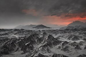 In the foreground, there is a thick layer of gray clouds that fill the sky, casting a dark and ominous mood. These clouds are artistically illuminated in a deep red color from above, creating a striking contrast against the gray backdrop. Centered in the sky is a small but radiant golden sun, its warm glow trying to break through the darkness of the clouds. As your eyes travel further, you notice a series of gray mountains on the horizon. Among these mountains, scattered in the landscape, you can spot power plants and industrial buildings peeking out, their structures adding an element of human intervention to the natural scenery. Some are nestled amidst the closer gray mountains, while others dot the black mountains further away, blending into the rugged terrain. This imagery creates a juxtaposition between the beauty of nature with the harsh realities of industrialization, highlighting the coexistence of natural landscapes and human development in a visually striking way.