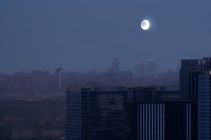 night, dark blue sky with blurry white clouds, full moon, black rectangular skyscrapers with small windows in which white light is visible, metal superstructures are visible at the tops of skyscrapers, brown cubes and a few gray cubes are visible at the base of skyscrapers, the earth is brown mud or clay