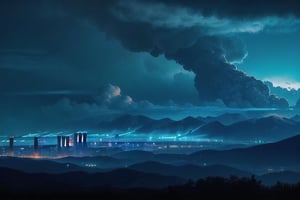 A dense layer of gray clouds illuminated in blue color from above, a small golden sun, light gray mountains in the distance on the horizon among which power plants and industrial buildings can be seen, closer gray mountains on the horizon among which power plants and industrial buildings can be seen, black mountains on the horizon among which power plants and industrial buildings can be seen,