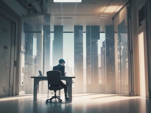 highly detailed photorealistic 3d image of noir style detective sitting in office thinking about case, around table with compter led display, night. sky scrapers with white frequent square windows, shades of skyscraper windows are light green, light blue, dark blue, dark turquoise. The roofs of skyscrapers are dark squares or illuminated with a dim blue border seen throught small window with blinds. cinematic lighting, background full sharp, hdr, octane render, unreal engine 5,