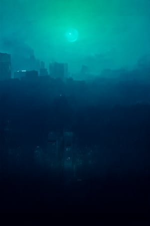 night, cloud lumened by city, bright moon, dark-green sky; sky scrapers square and rectangular skyscrapers with white frequent square windows, shades of skyscraper windows: dark blue, dark turquoise. The roofs of skyscrapers from dark squares or illuminated with a dim blue border,