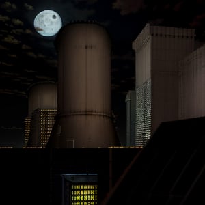 rocky, night, buildings, cooling tower, yellow lights, moon,