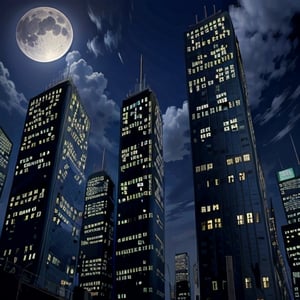 night, dark blue sky with blurry white clouds, full moon, black rectangular skyscrapers with small windows in which white light is visible, metal superstructures are visible at the tops of skyscrapers, brown cubes and a few gray cubes are visible at the base of skyscrapers, the earth is brown mud or clay,