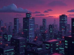 dark orange clouds illuminated by the city, purple sky, square and rectangular skyscrapers with white frequent square windows, shades of skyscraper windows light green, blue, dark blue, dark turquoise. The roofs of skyscrapers from dark squares to squares are illuminated with a dim blue square border, some skyscrapers are topped with red lights in the corners, and a red diode is installed above one skyscraper to warn.