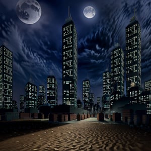 city, night, moon, sky, dirt, sand,