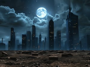 night, dark blue sky with blurry white clouds, full moon, black rectangular skyscrapers with small windows in which white light is visible, metal superstructures are visible at the tops of skyscrapers, brown cubes and a few gray cubes are visible at the base of skyscrapers, the earth is brown mud or clay