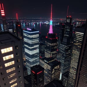 8 bit render, panorama view from the roof of a skyscraper. dark-orange cloud lumened by city,  bright moon,  dark-gray-purple sky; sky scrapers square and rectangular skyscrapers with white frequent square windows,  shades of skyscraper windows: light green,  light blue,  dark blue,  dark turquoise. The roofs of skyscrapers from dark squares to squares are illuminated with a dim blue square border,  some of the skyscrapers are topped with red lights in the corners,  one skyscraper with a red diode above it warning aircraft. brilliant coloring, crispy quality, vray; Pixar, ; HD, HDR, SF, CGSociety, 16k, photorealistic, unreal engine