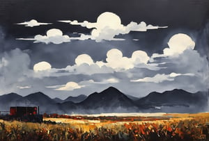 Start with the sky: use a soft bristled brush to create dense gray clouds. Use gray watercolor or gouache, mixed lightly with white to add dimension. Next, color the edges of the clouds red: use red mixed with orange to simulate the glow from the sun. Smoothly transition from gray to red. Sun: Paint a small circle of golden color at the edge of the clouds, making it more intense in the center and paler towards the edges. Mountains in the distance: Go with dark gray and a hint of blue to create the look of distant mountains. Mark the contours of industrial structures and buildings with thin lines using white paint or a thin pencil. Nearby Mountains: Use darker shades of gray to make them stand out against the distant mountains. Also add shadows of the clouds to show that they are closer. Outline industrial forms darker to show their outlines. Front exposed black mountains: use black paint for definition and definition of the lines. Leave small shiny dots or near the outline of the building to show that there is industry there, even if it is hard to see.