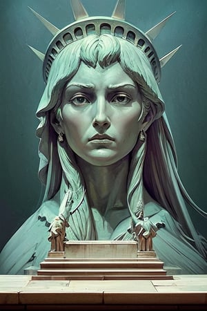 realistic, statue, realistic portrait of Liberty Enlightening the World  with the face of Akuma from Street fighter 2 alpha, expressing contempt,