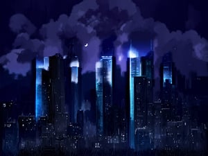 night, cloud lumened by city, bright moon, dark-gray-purple sky; sky scrapers square and rectangular skyscrapers with white frequent square windows, shades of skyscraper windows: dark blue, dark turquoise. The roofs of skyscrapers from dark squares or illuminated with a dim blue border,